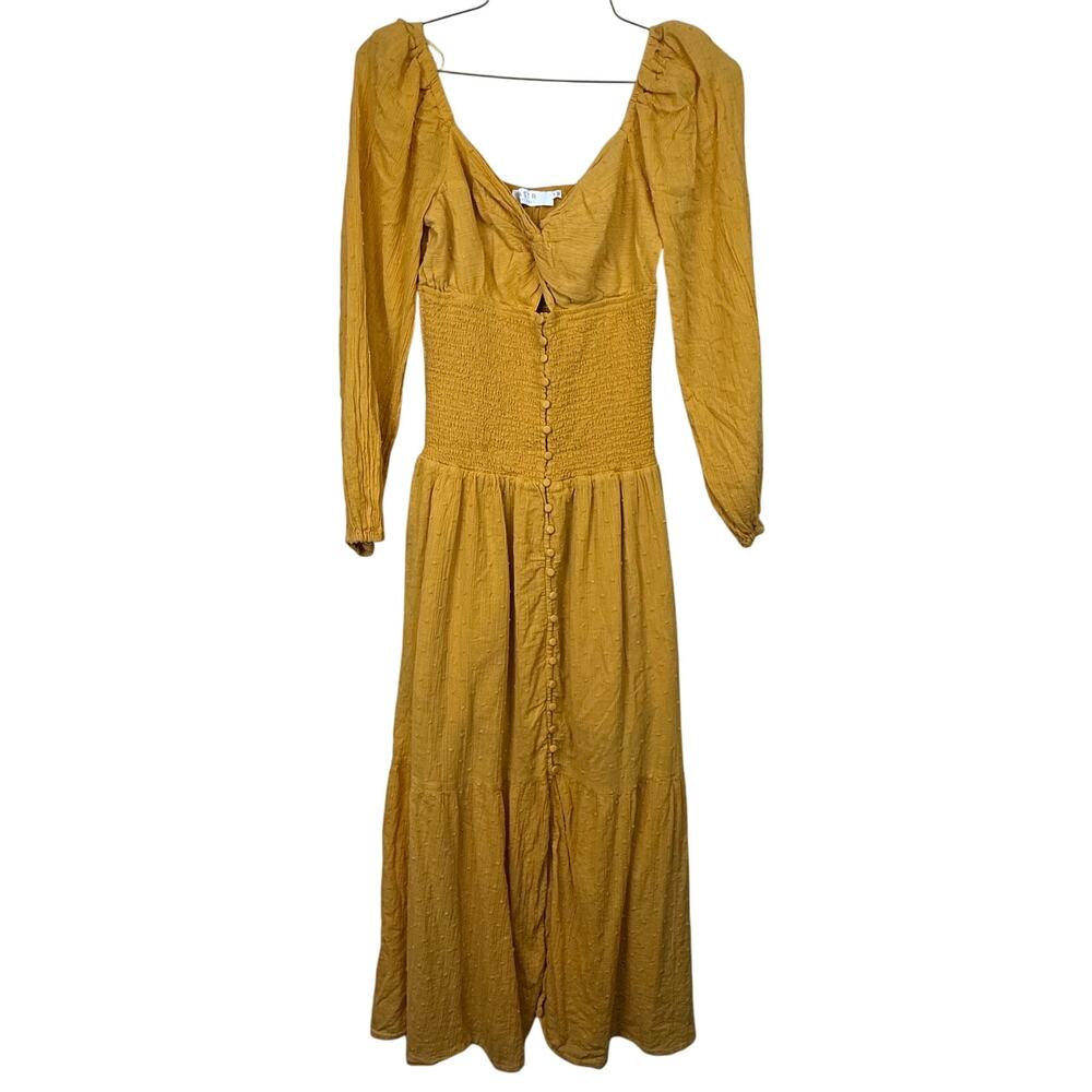 ASTR The Label Womens Size M Mustard Puff Sleeve Midi Dress Boho Cottagecore